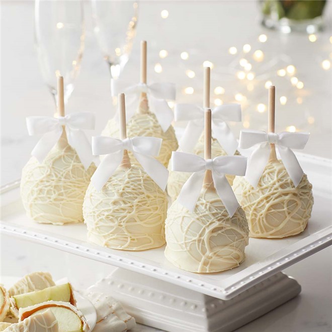 Gourmet white chocolate Petite Caramel Apples dressed as brides