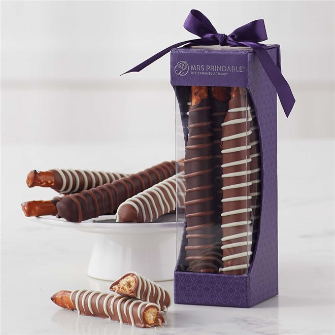 Four assorted Chocolate and Caramel Dipped Pretzels in a Mrs Prindables gift box