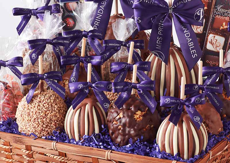 Mrs Prindables Gourmet Caramel Apple Gift Basket with decadent confection inclusions.