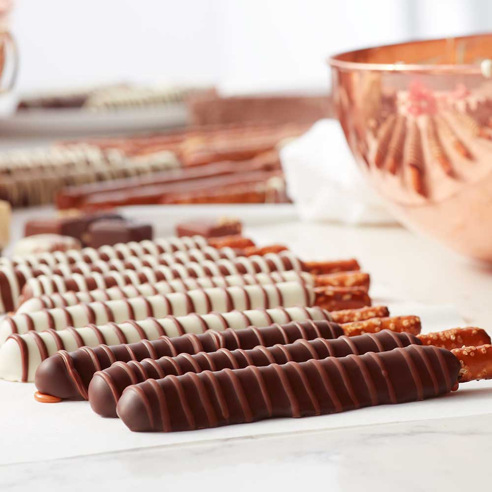 Chocolate and Caramel Dipped Pretzels, 10-Piece
